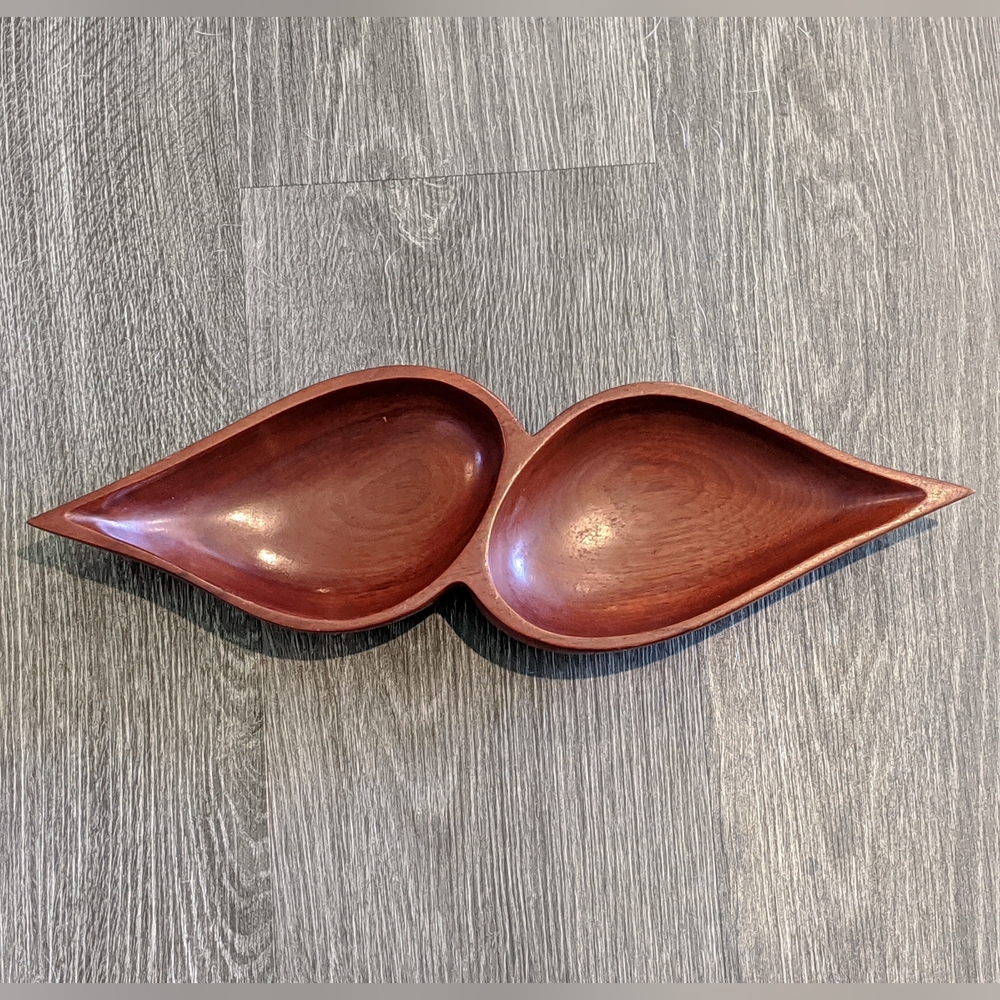 Vintage Haitian CaribCraft solid mahogany handmade double bowl serving tray